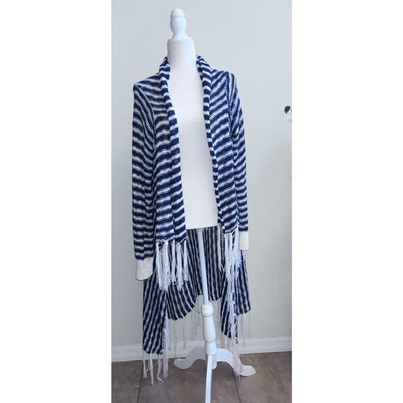 Bon Worth Blue White Boho Fringe Knit Long Maxi Kimono Cardigan Women's L - Picture 1 of 5